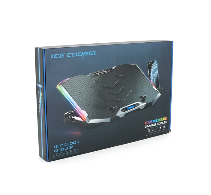 Підставка для ноутбука IceCoorel K9, 10-17", 2*100mm 1400±10% RPM + 4*70mm 2500±10%RPM, корпус пластик+алюміній, 2xUSB2.0 + підставка для мобільного телефону, 400x260x30mm, Blue, Box