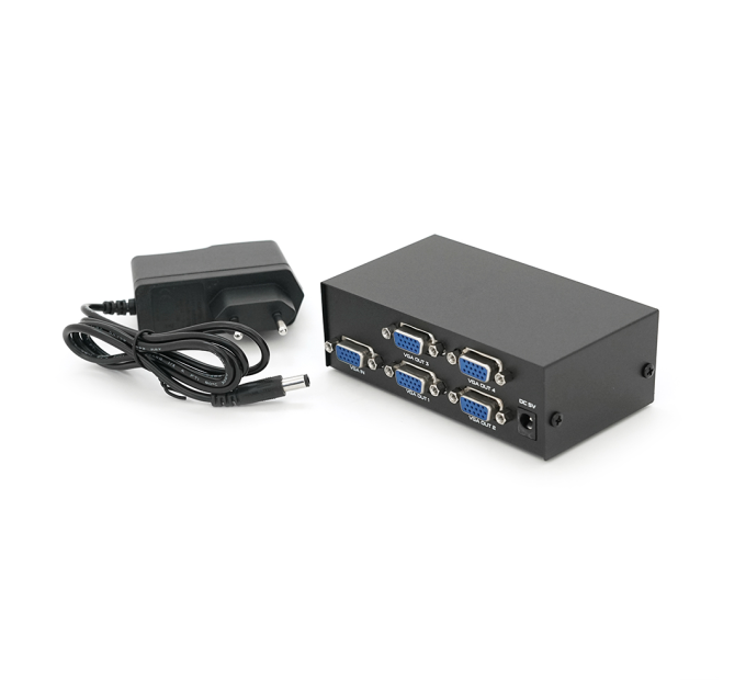 Активний спліттер VGA сигналу KV-FJ1504A (VGA2004) 150MHz 4 Port, DC5V / 2A, Black