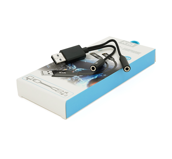 Перехідник для навушників та мікрофона KIN KY-211 USB2.0(M)-2 / Jack3.5(F), Black, Box