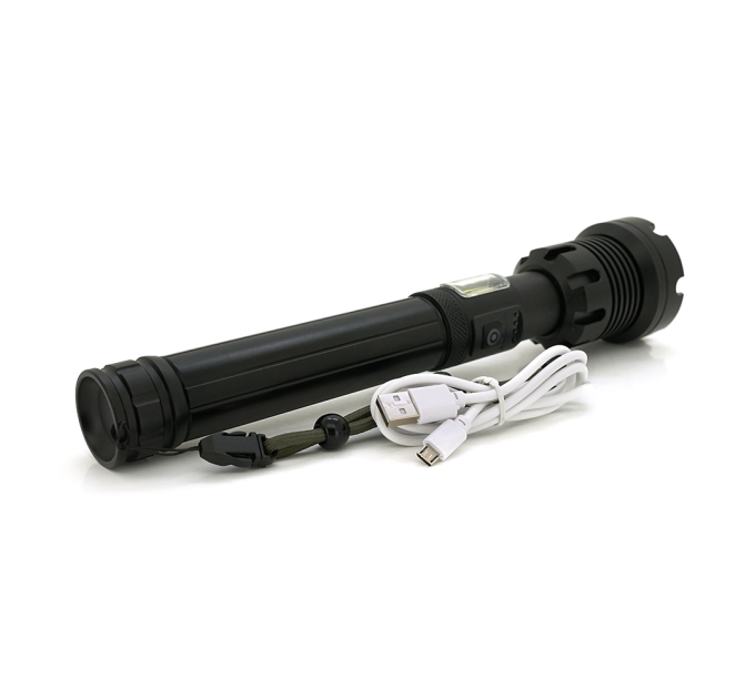 Ліхтар ручний Voltronic XHP90.2, 1LED XHP110, 72W, бічний світлодіод, 7 режими, ZOOM, 2х18650 / без Акб, Black, IP40, кабель USB-micro, 260х60х35мм, BOX