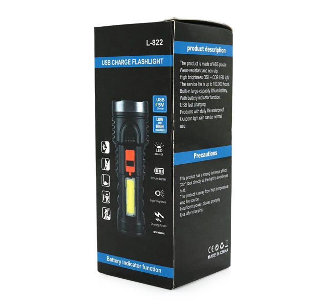 Ліхтарик ручний LATERNA L-822, 5WLED+COB, пластик, вбудований акумулятор, IP40, 145х56х45, USB кабель