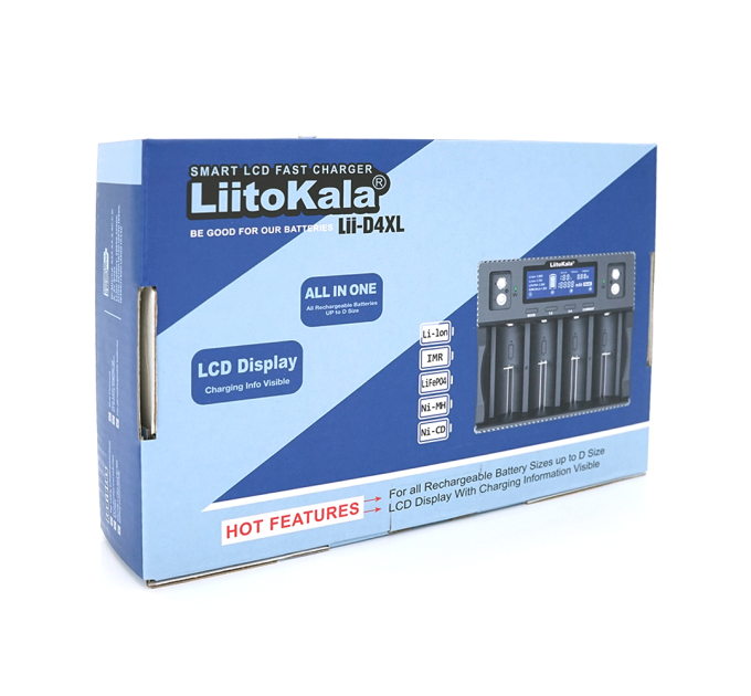ЗУ універсальне Liitokala Lii-D4XL, 4 канали, підтримує Ni-MH та Ni-Cd AA (R6), ААA (R03), AAAA, С (R14), Li-ion / IMR: 32650,21700,18650, 220 / 12V