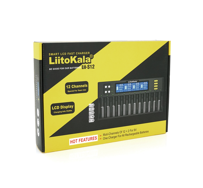 ЗУ універсальне Liitokala Lii-S12, 12+2 каналів, Ni-Mh / Li-ion / LiFePo4 / крона, 220V / 12V, LED+LCD, Box