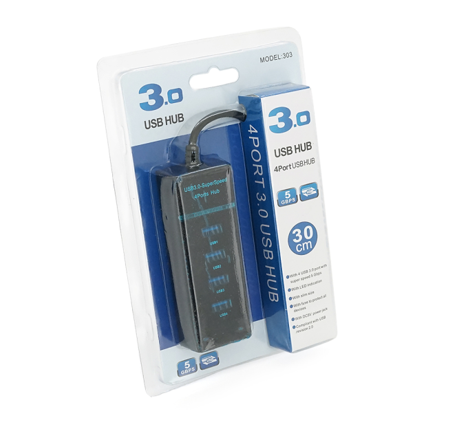 Хаб USB 3.0 UH-303, 4 порту, підтримка до 1TB, Black, Blister