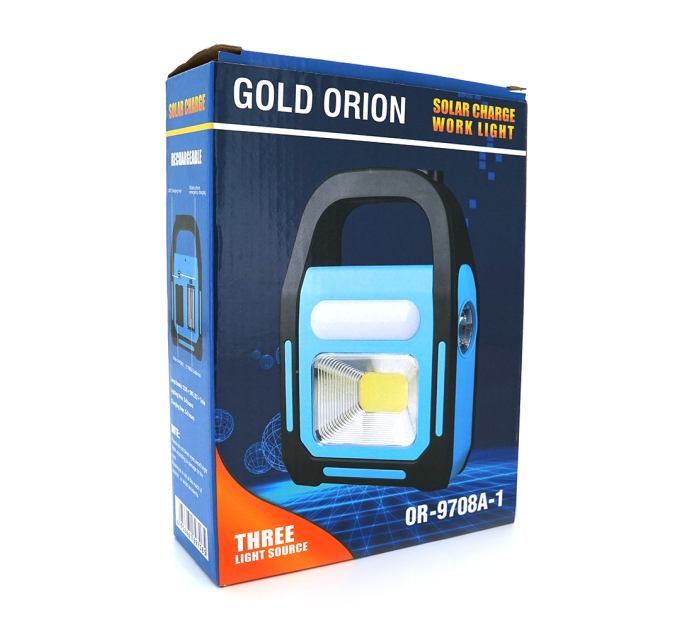 Переносний ліхтар ORION OR-9707B+Solar, COB+SMD LED, 3 режими роботи, заряд від 5V, USB вихід, батарея 2*18650, Box