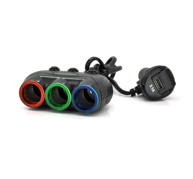 АЗУ розгалужувач + вольтметр Olesson 1633, 12V-3 * 12V + USB, Black, Blister