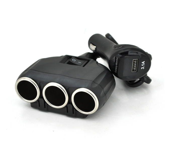 АЗП розгалужувач + вольтметр Olesson 1634, 12V-3 * 12V + USB, Black, Blister
