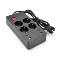 Мережевий фільтр на 4 розетки + 4 USB виходи 5V-2.4A, кнопка включення з індикатором, 16A, 250V / 4000W, Black