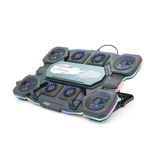 Підставка під ноутбук IceCoorel Q10, до17", fan4-70*15 / 2-50*15 / 2-60*15 мм, корпус пластик+алюміній, TYPE C+LCD display, 422x310x39.5mm, RGB-10 режимів, DC12V, Box Q8