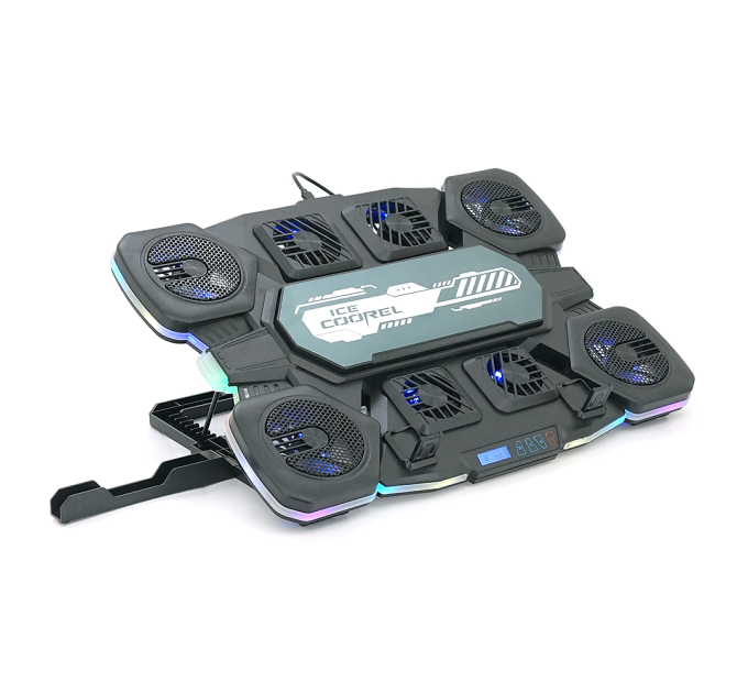 Підставка під ноутбук IceCoorel Q10, до17", fan4-70*15 / 2-50*15 / 2-60*15 мм, корпус пластик+алюміній, TYPE C+LCD display, 422x310x39.5mm, RGB-10 режимів, DC12V, Box Q8