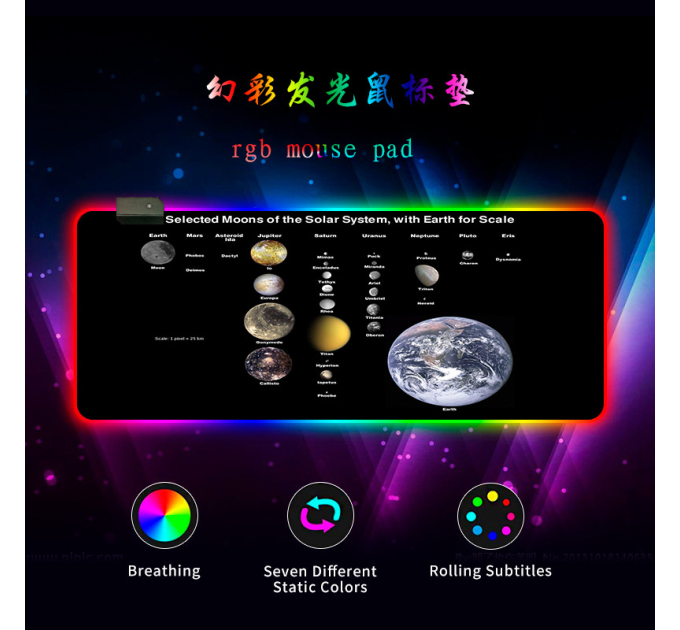 Килимок 300*800 для миші "Planets scales" тканинний з боковою прошивкою, товщина 3 мм, RGB підсвічування, живлення USB 1,8 м, Color Box