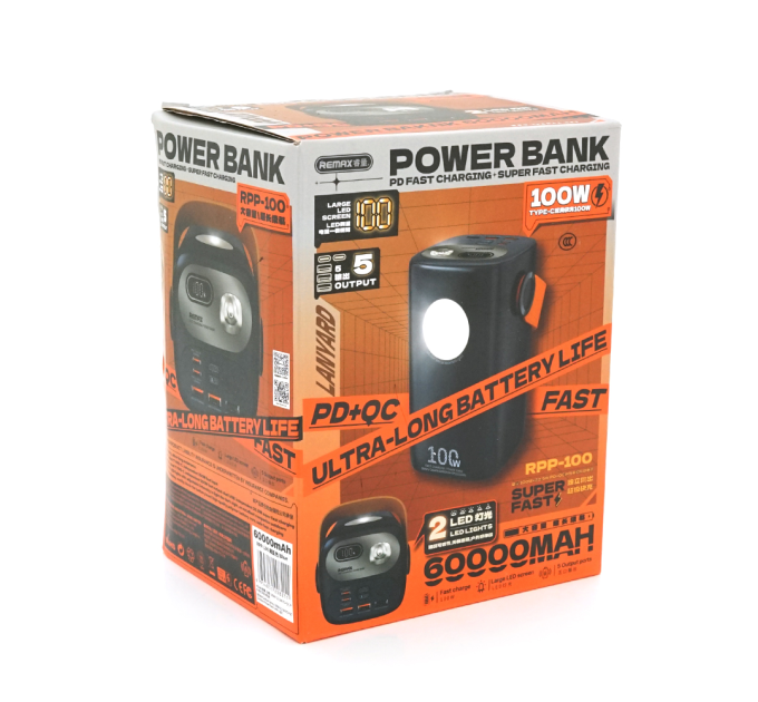 Power Bank Remax RPP-100 60000mAh, PD 100W+QC 22.5W, Blue LCD, 1.46kg