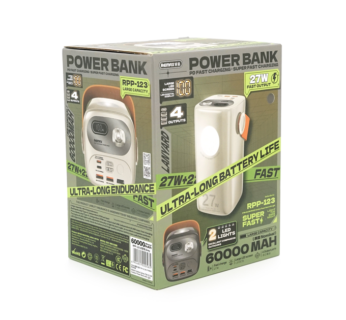 Power Bank Remax RPP-123 60000mAh, PD 27W+QC 22.5W, Beige, 1.454kg