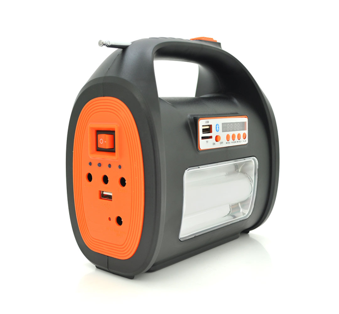 Переносний ліхтар RT909BT+Solar, 1+1 режим, Радіо+ Bluetooth колонка, вбудований аккум, 3 лампочки 3W, USB вихід, Black / Orange