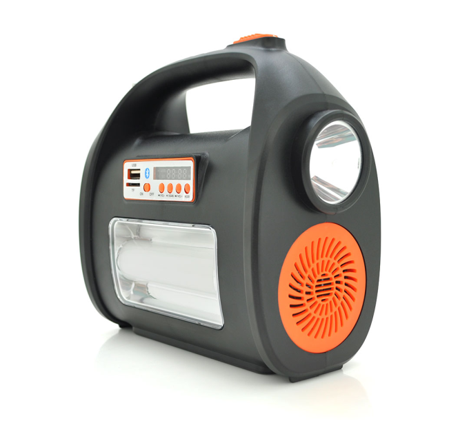 Переносний ліхтар RT909BT+Solar, 1+1 режим, Радіо+ Bluetooth колонка, вбудований аккум, 3 лампочки 3W, USB вихід, Black / Orange