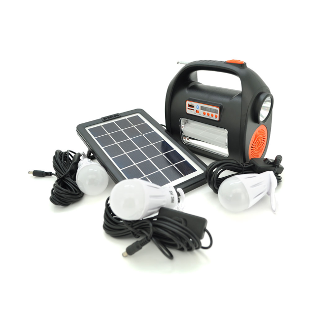 Переносний ліхтар RT909BT+Solar, 1+1 режим, Радіо+ Bluetooth колонка, вбудований аккум, 3 лампочки 3W, USB вихід, Black / Orange