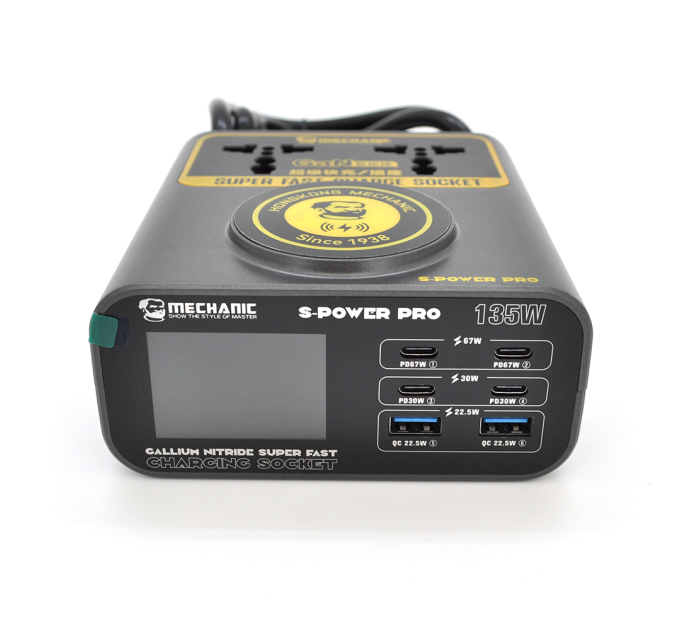 Зарядні станція з цифровою індикацією MECHANIC S-Power Pro, 4*PD3.1-30W, 2*QC3.0-15W,Wireless Charging, 2*Socket, 220V / 135W. 131*125*47mm