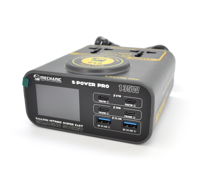 Зарядні станція з цифровою індикацією MECHANIC S-Power Pro, 4*PD3.1-30W, 2*QC3.0-15W,Wireless Charging, 2*Socket, 220V / 135W. 131*125*47mm