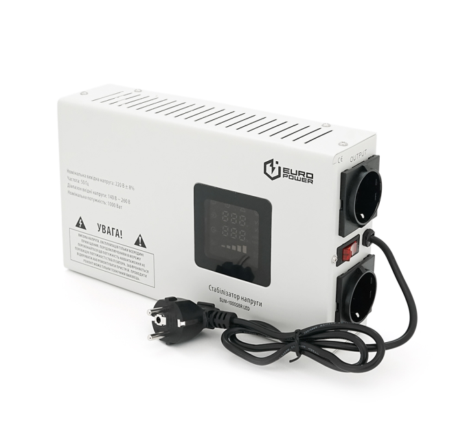 Стабілізатор напруги релейний настінного монтажу Europower SLIM-1000SBR LED, 1000VA 700W, 140-270Vac, SHUKO 2, Q1
