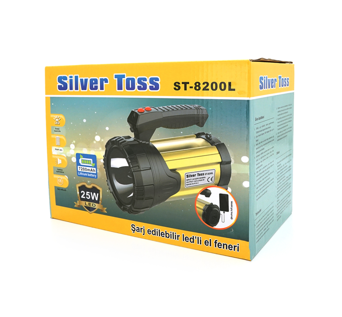 Ліхтар пошуковий Silver Toss ST-8200L, 1LED T6, 25W, 3 режими, 7200mah, Black / Gold, IP40, СЗУ, 220х130х170мм, BOX