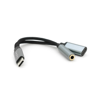 Перехідник VEGGIEG TC-208 Type-C(M) => Jack 3.5mm(F)+Type-C(F), 5см, Silver / Black, Пакет