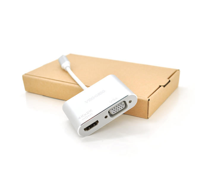 Хаб-конвертор VEGGIEG Type-C (тато) на VGA (мама) + HDMI (мама), 10 см, Silver, Box