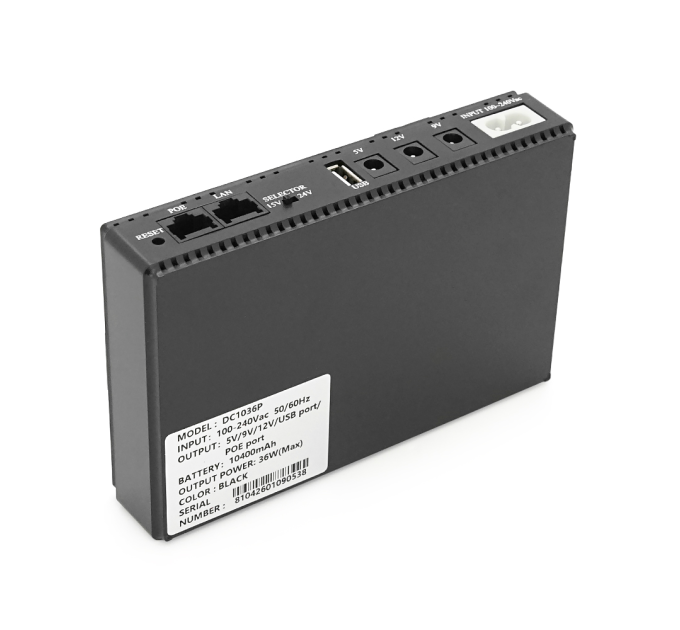 ДБЖ UPS-36W DC1036P для роутерів / комутаторів / PON / POE-430, 5 / 9 / 12V, 1A / 2А, 10400мAh, Black, BOX