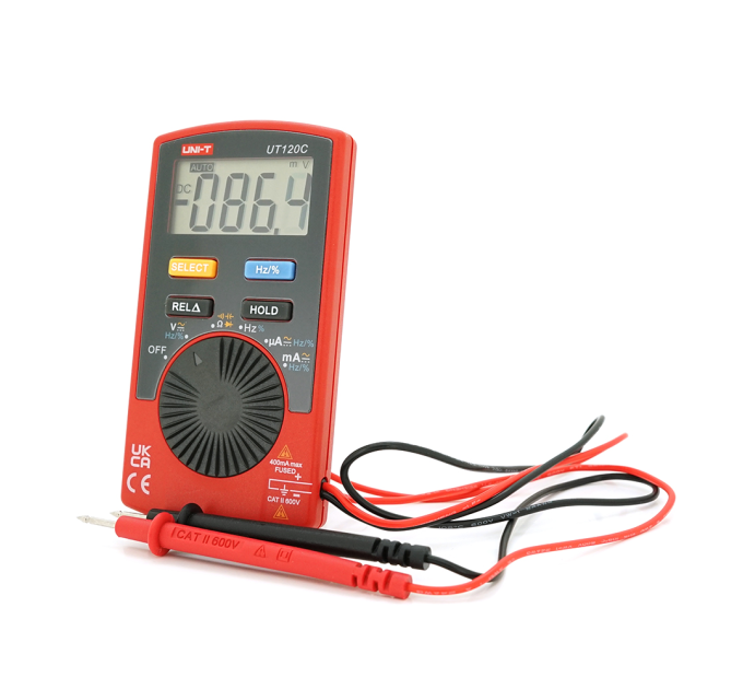 Мультиметр UNI-T UT120C: вимірювання V A Ω C Hz °C. Функції True RMS продзвінку тест діодів перевірка транзисторів. Габарити 110 58 11 мм. Вага 76 г.