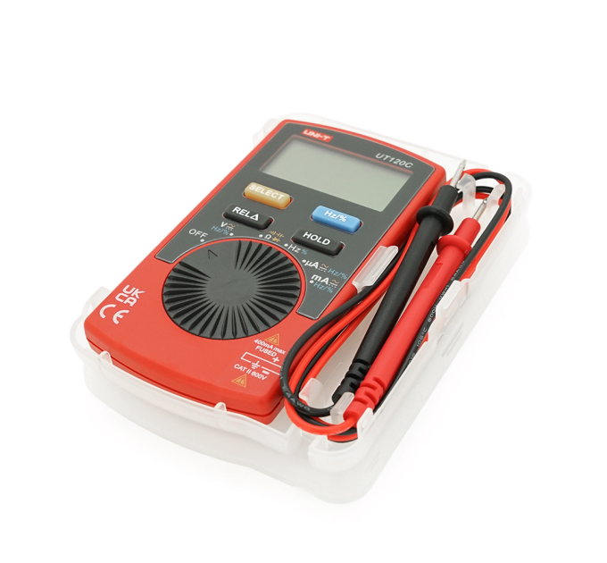 Мультиметр UNI-T UT120C: вимірювання V A Ω C Hz °C. Функції True RMS продзвінку тест діодів перевірка транзисторів. Габарити 110 58 11 мм. Вага 76 г.