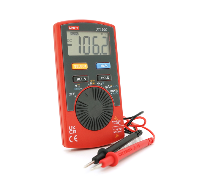 Мультиметр UNI-T UT120C: вимірювання V A Ω C Hz °C. Функції True RMS продзвінку тест діодів перевірка транзисторів. Габарити 110 58 11 мм. Вага 76 г.