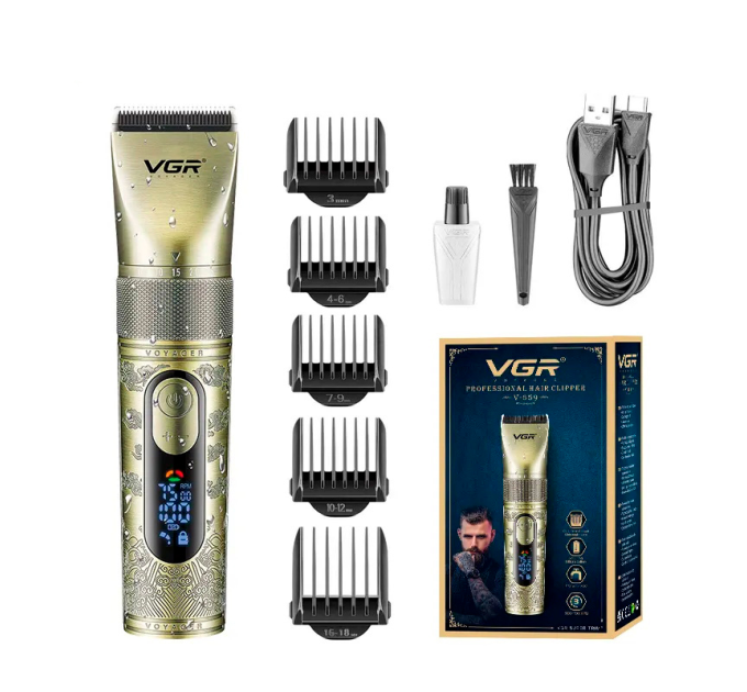 Акумуляторна машинка для стрижки VGR V-659, 5 насадок, регулювання потужності 6500-7500 RPM, IPX7, LED display, Box