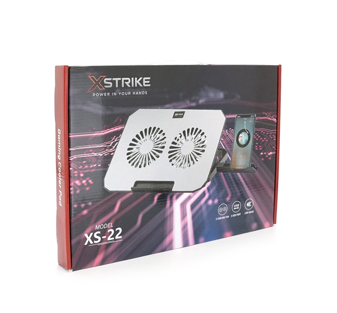 Підставка під ноутбук XSTRIKE XS-22, 10-17", 2*140mm 1200±10% RPM, корпус пластик+алюміній, 2xUSB 2.0, 357x262x30mm, RGB, Box Q20