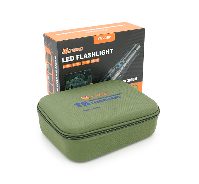 Ліхтар пошуковий YEMAO YM-G501 LED PM60, 4 режими, індикація заряду, живлення від 4*18650, IP65, USB кабель, 245х195х90мм, 1,235кг, Black, Чохол+BOX
