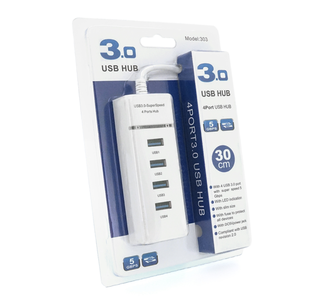 Хаб USB 3.0 алюмінієвий, 4порта, 20 см, Пакет