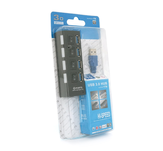 Хаб USB 3.0, 4 порти, з перемикачами, підтримка до 1TB, Пакет