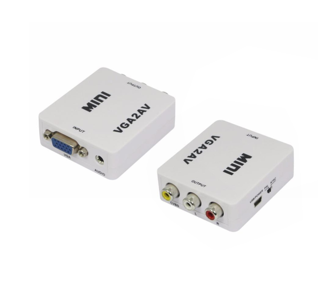 Конвертер Mini, VGA to AV, ВИХІД 3RCA(мама) на ВХІД VGA(мама), 720P / 1080P, White, BOX