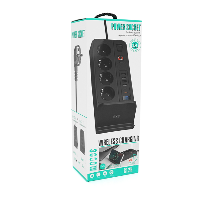 Мережевий фільтр із захистом від перенапруги G12H, 4 Socket + 4 USB 3,2А + 2 Type-C + бездротова зарядка + таймер, 2м, Black, Box