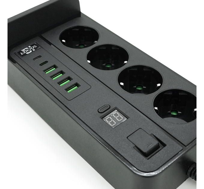 Мережевий фільтр із захистом від перенапруги G12H, 4 Socket + 4 USB 3,2А + 2 Type-C + бездротова зарядка + таймер, 2м, Black, Box