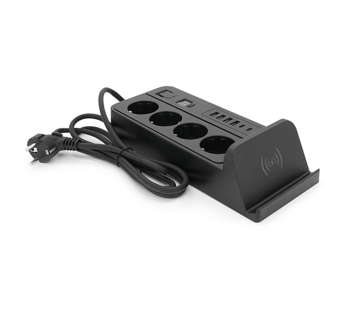 Мережевий фільтр із захистом від перенапруги G12H, 4 Socket + 4 USB 3,2А + 2 Type-C + бездротова зарядка + таймер, 2м, Black, Box
