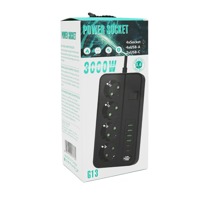 Мережевий фільтр із захистом від перенапруги G13H, 3000W, 4 Socket + 4 USB 3,2А + 2 Type-C + таймер, 2м, Black, Box