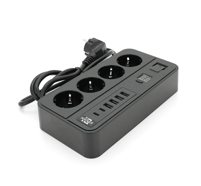 Мережевий фільтр із захистом від перенапруги G13H, 3000W, 4 Socket + 4 USB 3,2А + 2 Type-C + таймер, 2м, Black, Box
