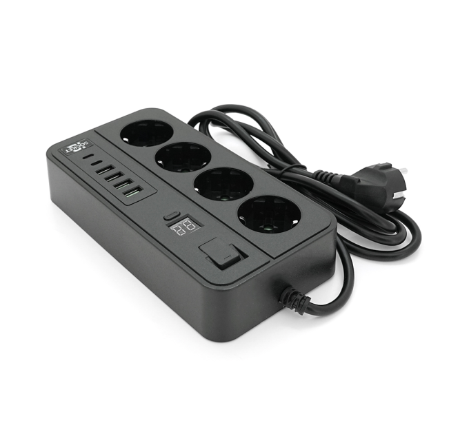 Мережевий фільтр із захистом від перенапруги G13H, 3000W, 4 Socket + 4 USB 3,2А + 2 Type-C + таймер, 2м, Black, Box