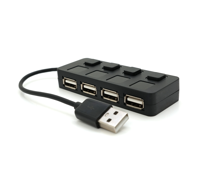 Хаб USB 2.0 4 порти, Black, 480Mbts живлення від USB, з кнопкою LED / Blue на кожен порт, Blister Q100