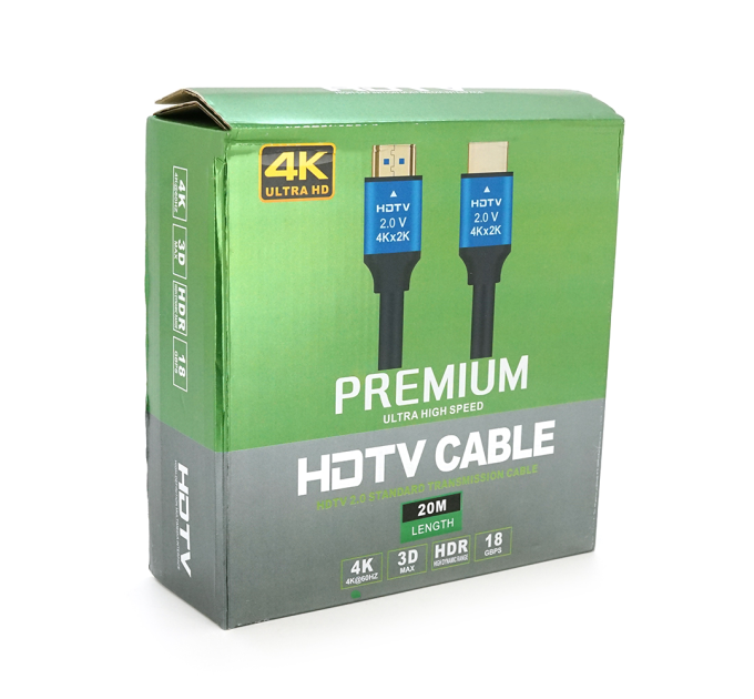 Кабель Merlion HDMI-HDMI 4Kx2K Ultra HD, 20.0m, v2,0, круглий Black, коннектор Blue, Blister-box, Q10