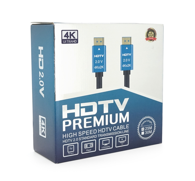 Кабель Merlion HDMI-HDMI 4Kx2K Ultra HD, 25.0m, v2,0, круглий Black, коннектор Blue, Blister-box, Q10