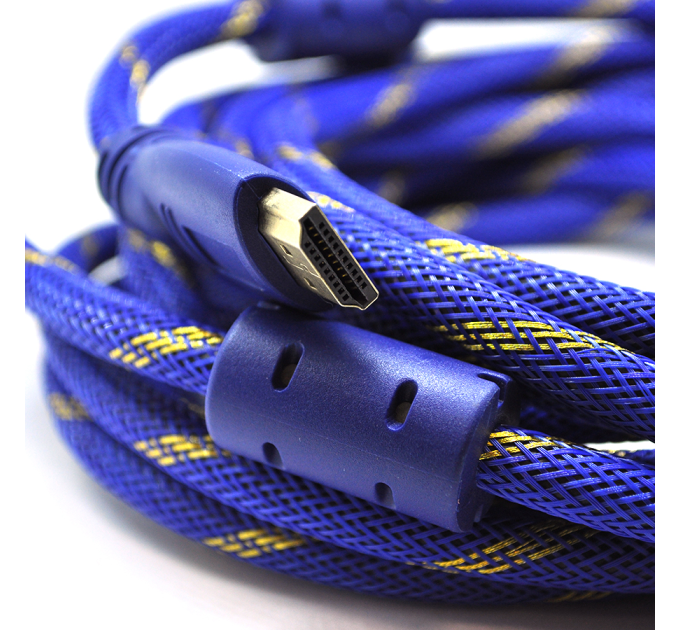 Кабель HDMI-HDMI 10m, v1.4, OD-8.0mm, 2 фільтра, обплетення, круглий Blue / Gold, коннектор Blue-yellow, (Пакет) Q40