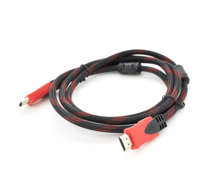 Кабель Merlion HDMI-HDMI 1.8m, v1.4, OD-7.4mm, 2 фільтра, обплетення, круглий Black / RED, коннектор RED / Black, (Пакет), Q160