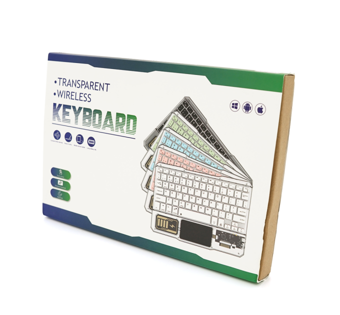 Клавіатура бездротова YT-K333, розкладна, 78 клавіш, Touchpad, (Eng / Pyc), 2.4G, вбудований акумулятор, 245x165mm, Black / Transparent, Box