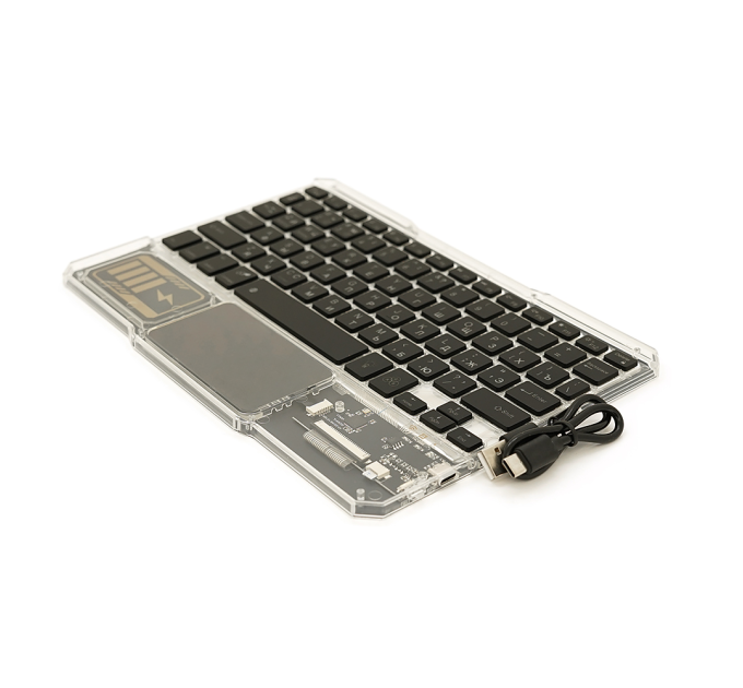 Клавіатура бездротова YT-K333, розкладна, 78 клавіш, Touchpad, (Eng / Pyc), 2.4G, вбудований акумулятор, 245x165mm, Black / Transparent, Box
