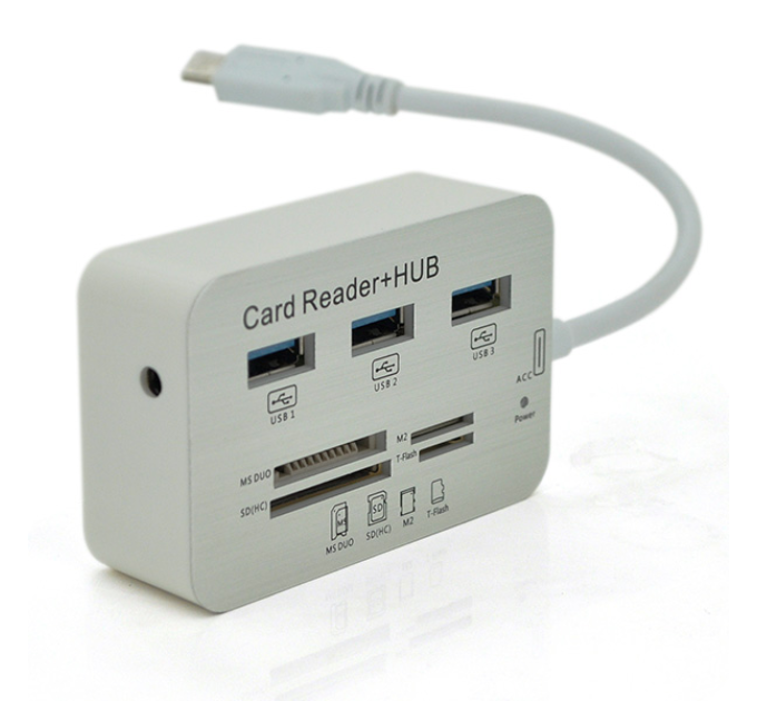 Хаб Type-C алюмінієвий, 3 порти USB 3.0 + Card Reader, 20 см, White, Пакет
